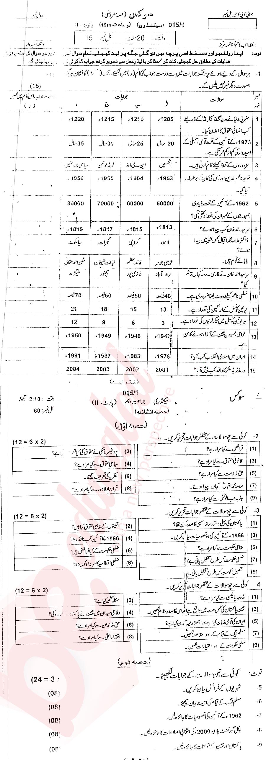 Civics 10th Urdu Medium Past Paper Group 1 BISE AJK 2015