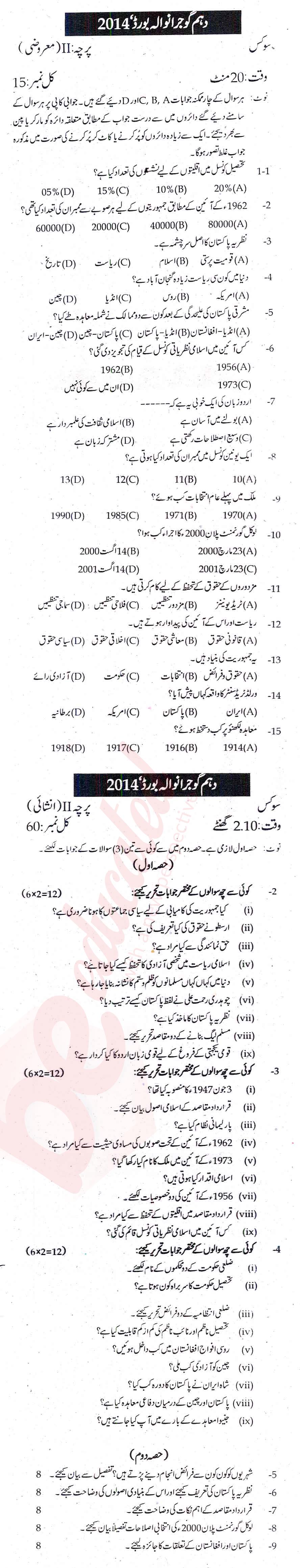 Civics 10th Urdu Medium Past Paper Group 1 BISE Gujranwala 2014
