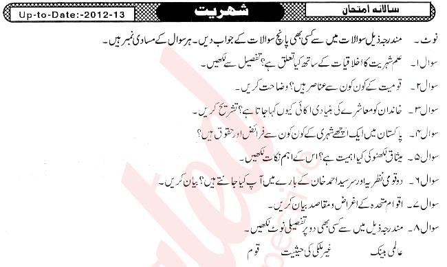 Civics 10th Urdu Medium Past Paper Group 1 BISE Mirpurkhas 2012