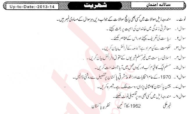 Civics 10th Urdu Medium Past Paper Group 1 KPBTE 2013