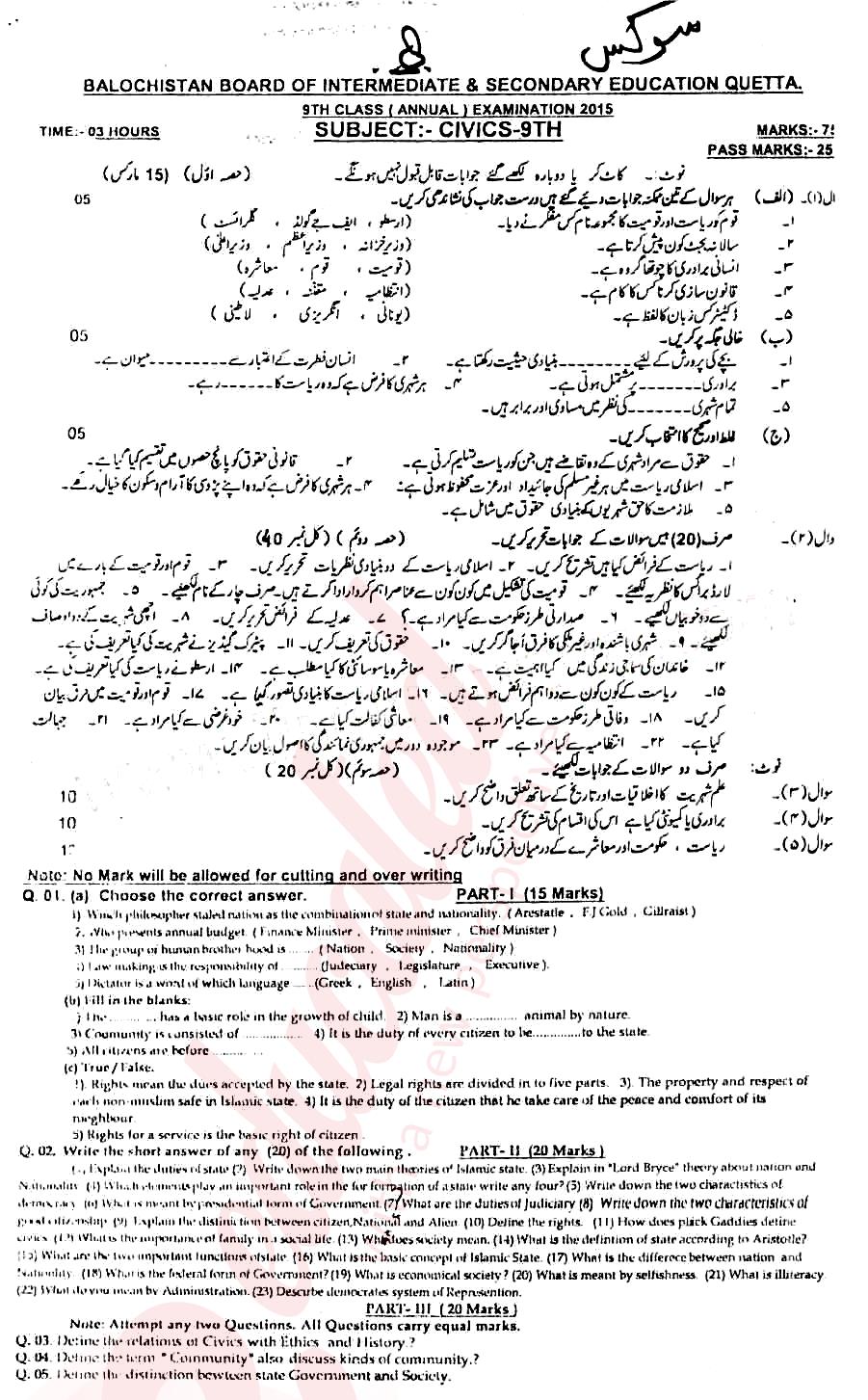 Civics 9th class Past Paper Group 1 BISE Quetta 2015