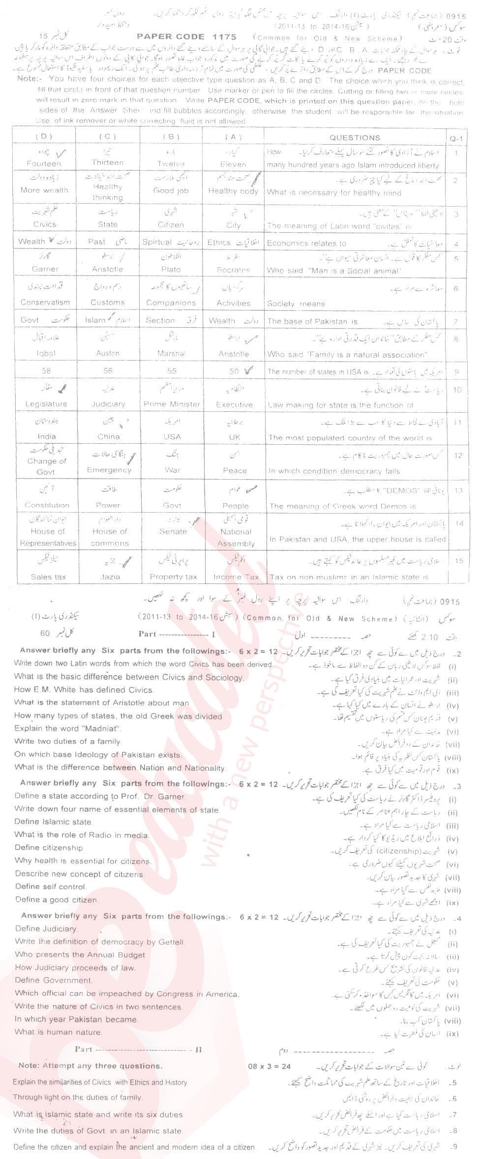 Civics 9th class Past Paper Group 1 BISE Sargodha 2015