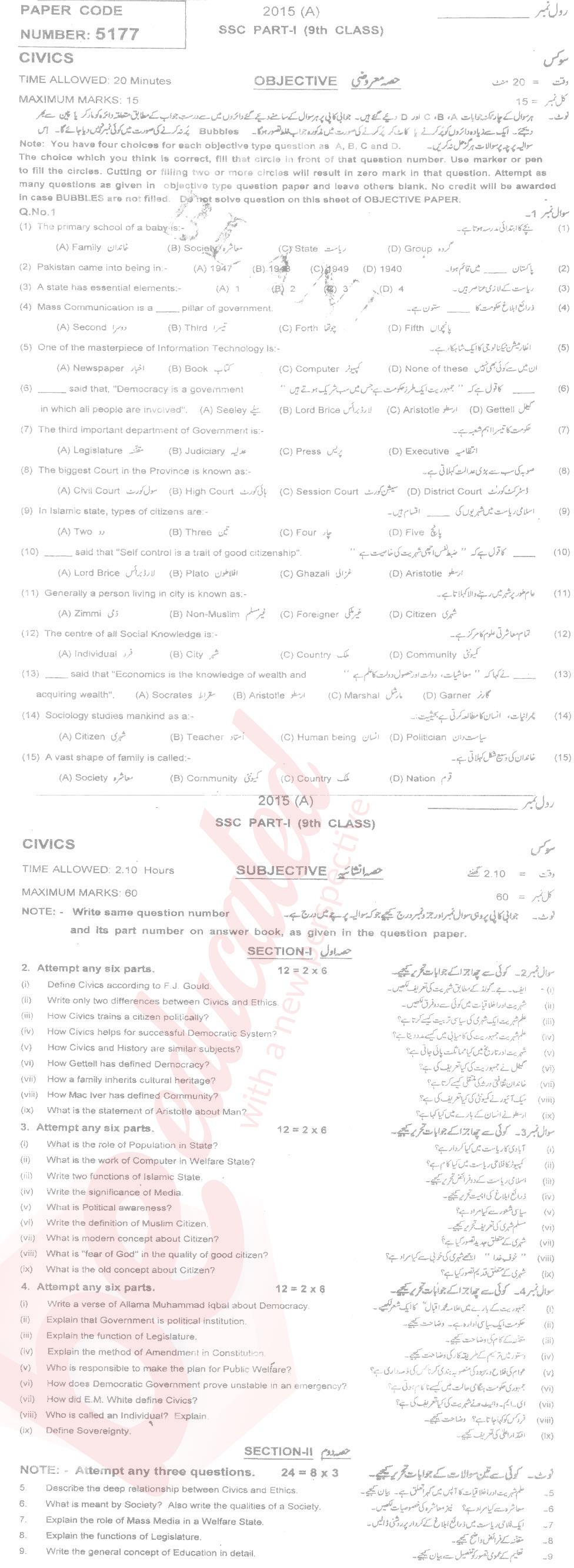 Civics 9th English Medium Past Paper Group 1 BISE Multan 2015