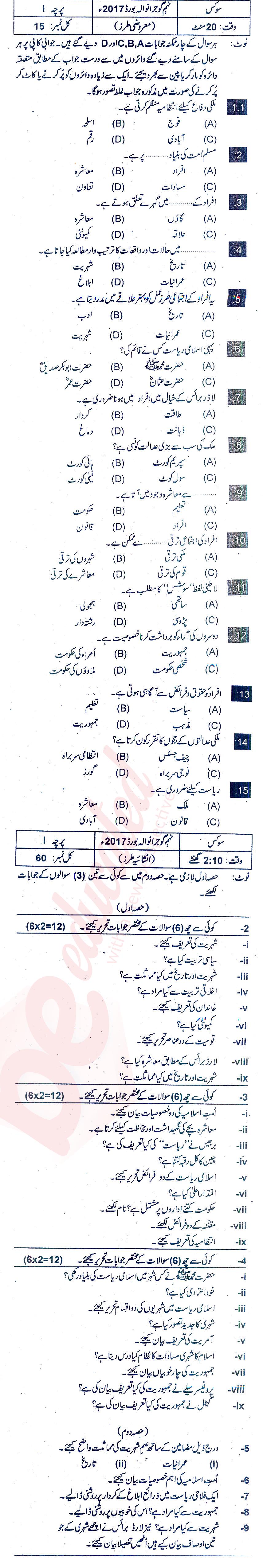 Civics 9th Urdu Medium Past Paper Group 1 BISE Gujranwala 2017