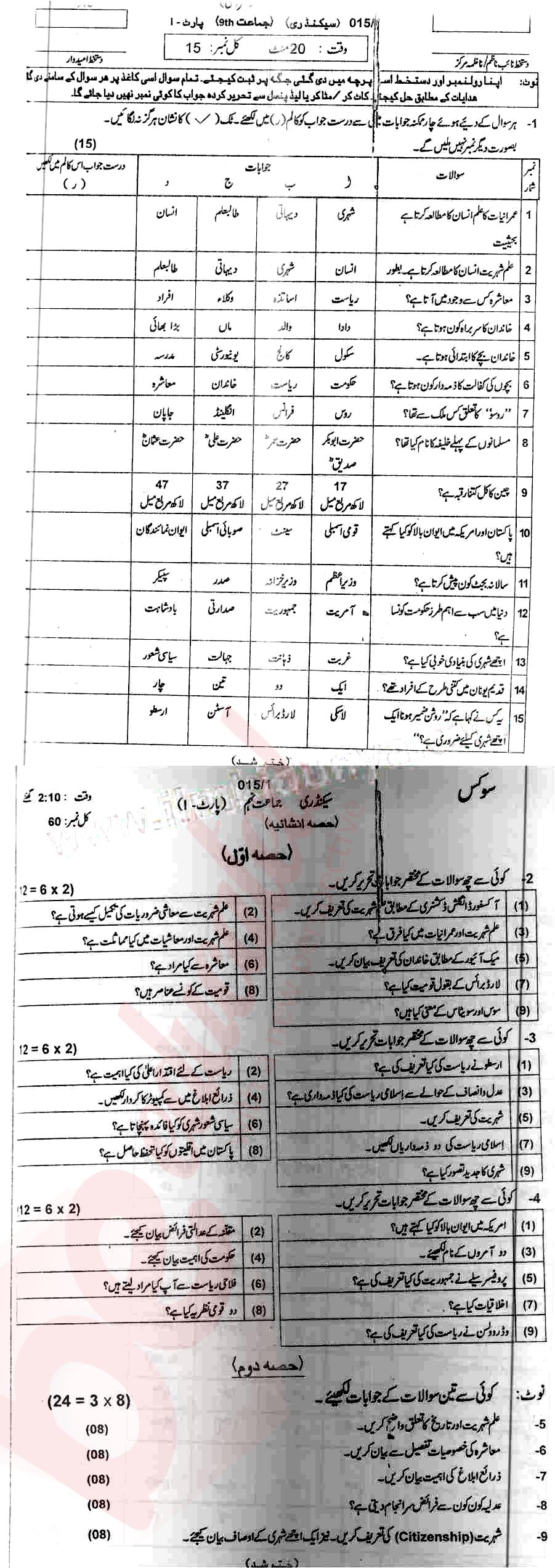 Civics 9th Urdu Medium Past Paper Group 1 BISE Mirpurkhas 2015