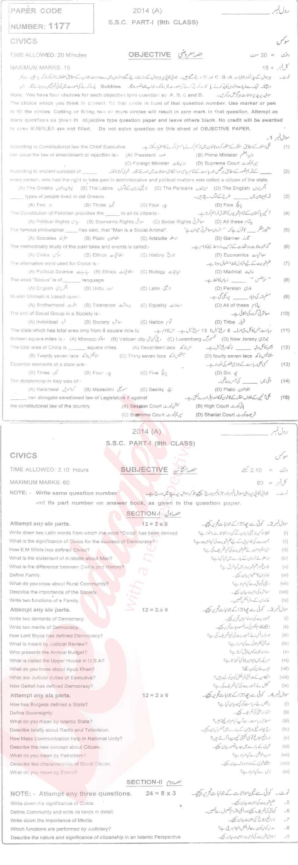Civics 9th Urdu Medium Past Paper Group 1 BISE Multan 2014