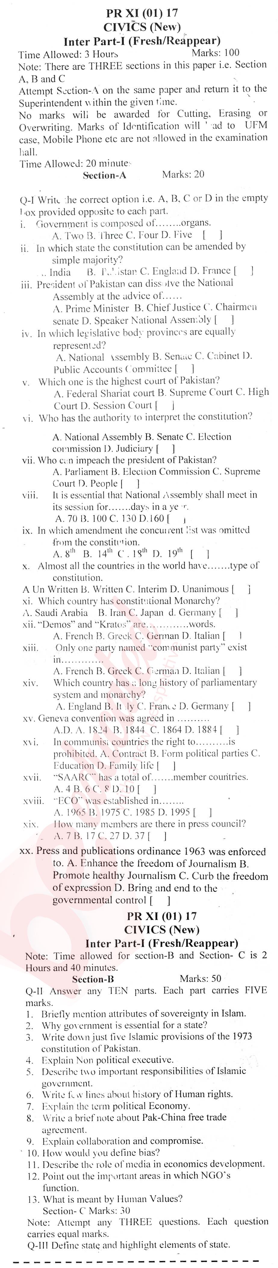 Civics FA Part 1 Past Paper Group 1 BISE Abbottabad 2017