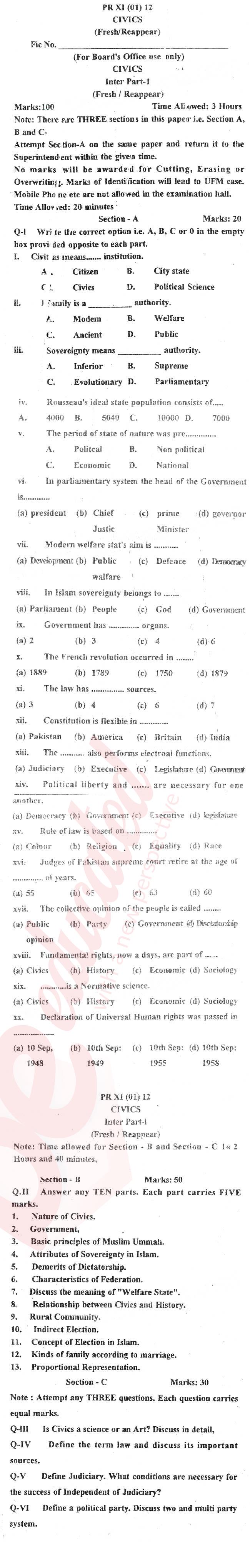 Civics FA Part 1 Past Paper Group 1 BISE DI Khan 2012