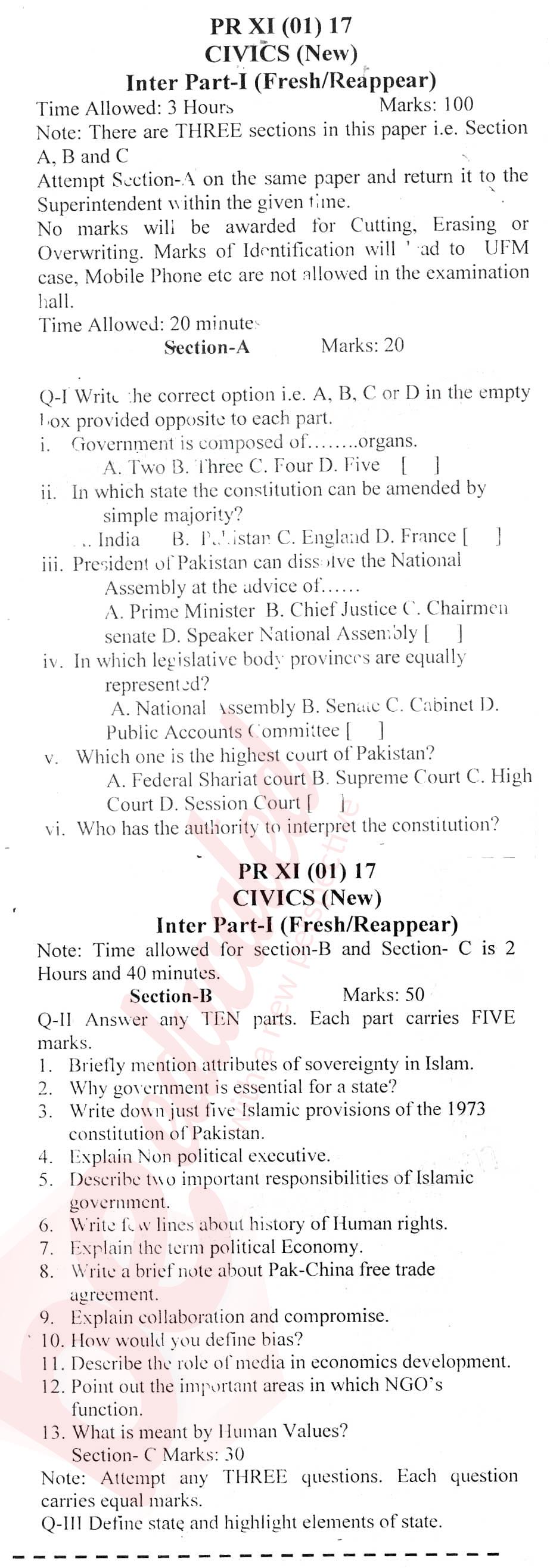 Civics FA Part 1 Past Paper Group 1 BISE DI Khan 2017