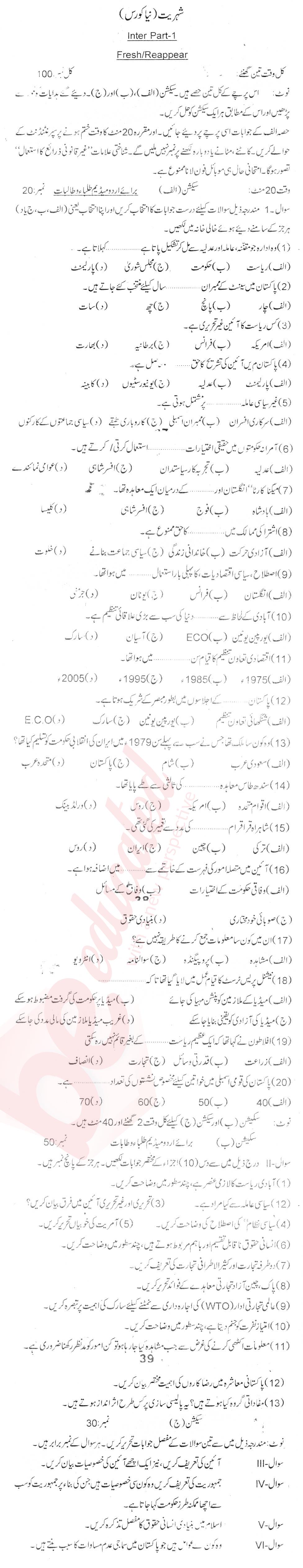 Civics FA Part 1 Past Paper Group 1 BISE Kohat 2015