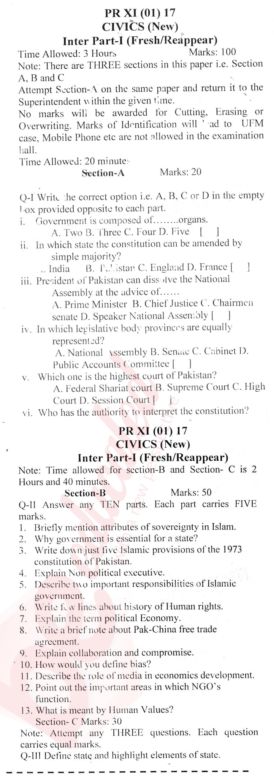 Civics FA Part 1 Past Paper Group 1 BISE Kohat 2017