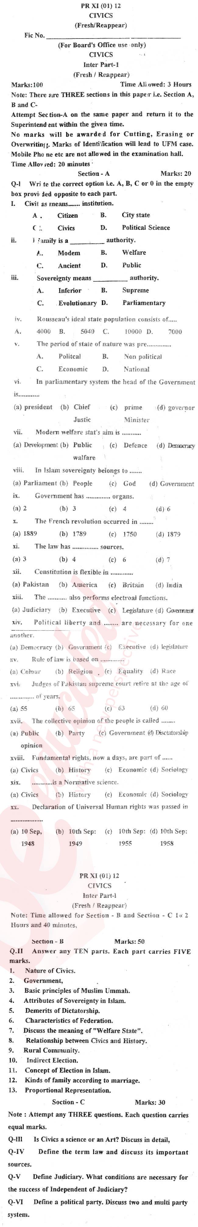 Civics FA Part 1 Past Paper Group 1 BISE Mardan 2012