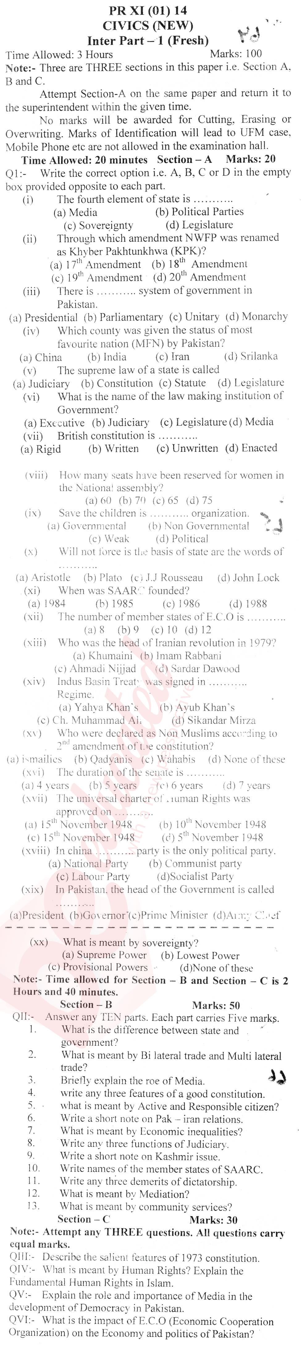 Civics FA Part 1 Past Paper Group 1 BISE Peshawar 2014