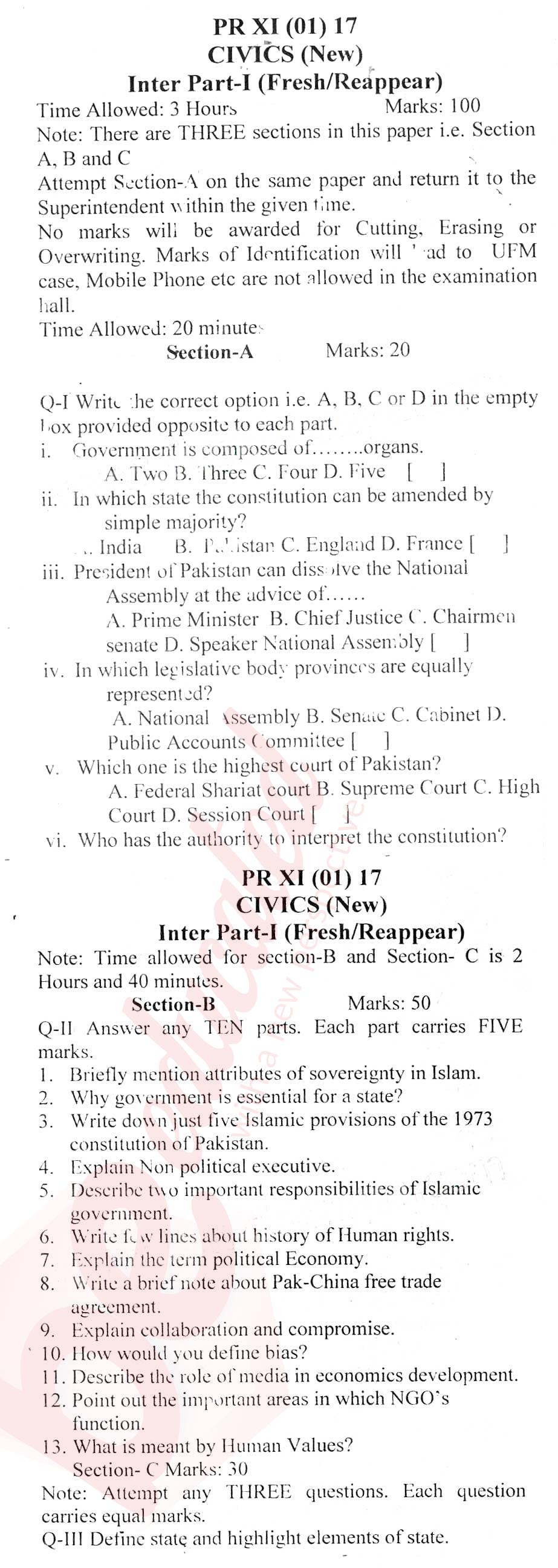 Civics FA Part 1 Past Paper Group 1 BISE Peshawar 2017