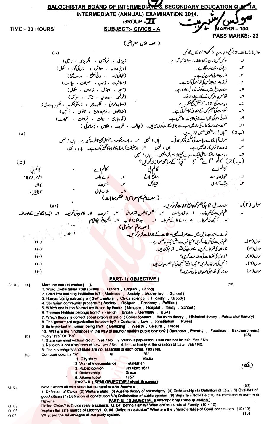 Civics FA Part 1 Past Paper Group 1 BISE Quetta 2014