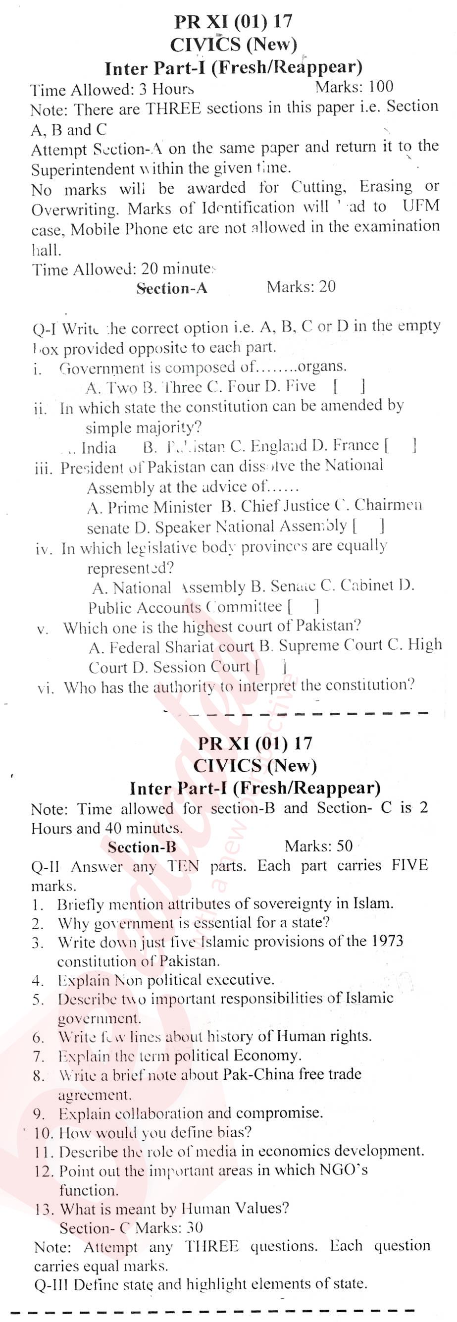 Civics FA Part 1 Past Paper Group 1 BISE Swat 2017