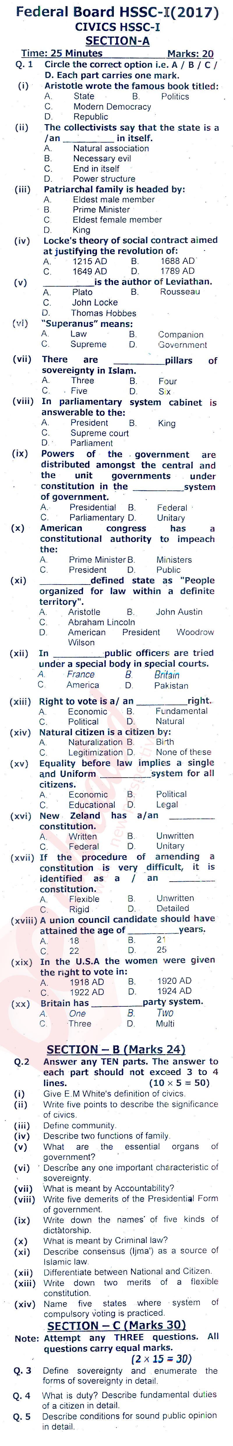 Civics FA Part 1 Past Paper Group 1 Federal BISE  2017