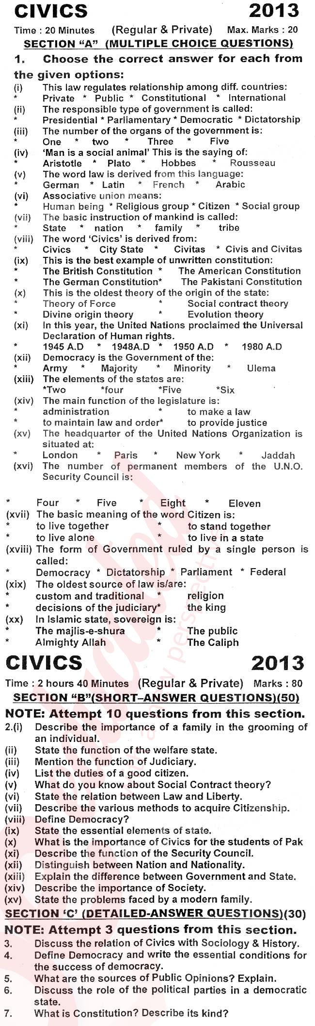 Civics FA Part 1 Past Paper Group 1 KPBTE 2013