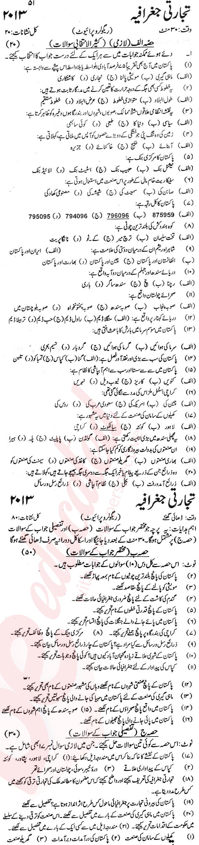Commercial Geography 10th Urdu Medium Past Paper Group 1 KPBTE 2013