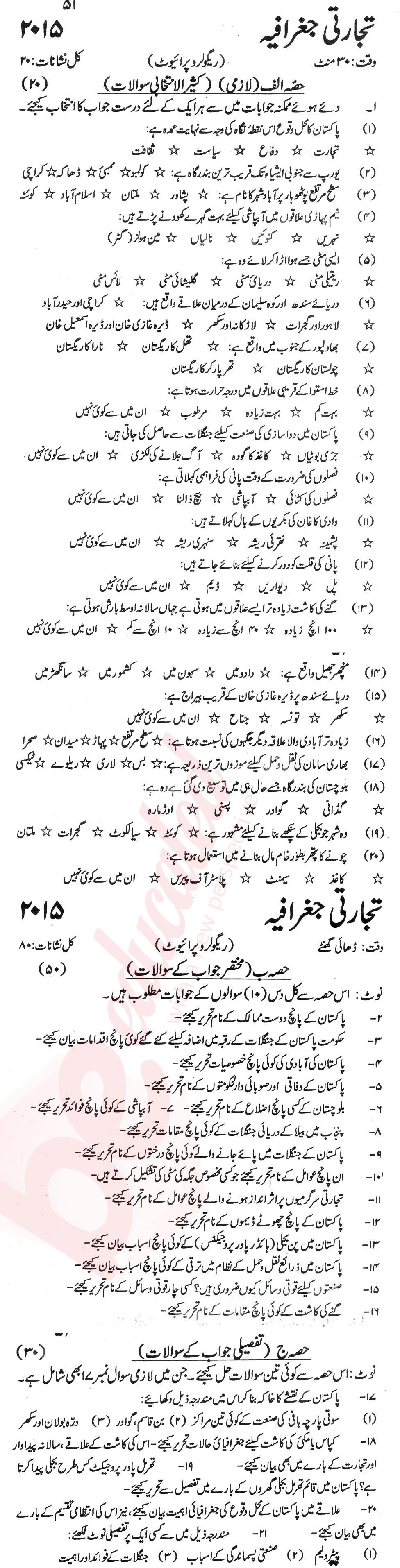 Commercial Geography 10th Urdu Medium Past Paper Group 1 KPBTE 2015