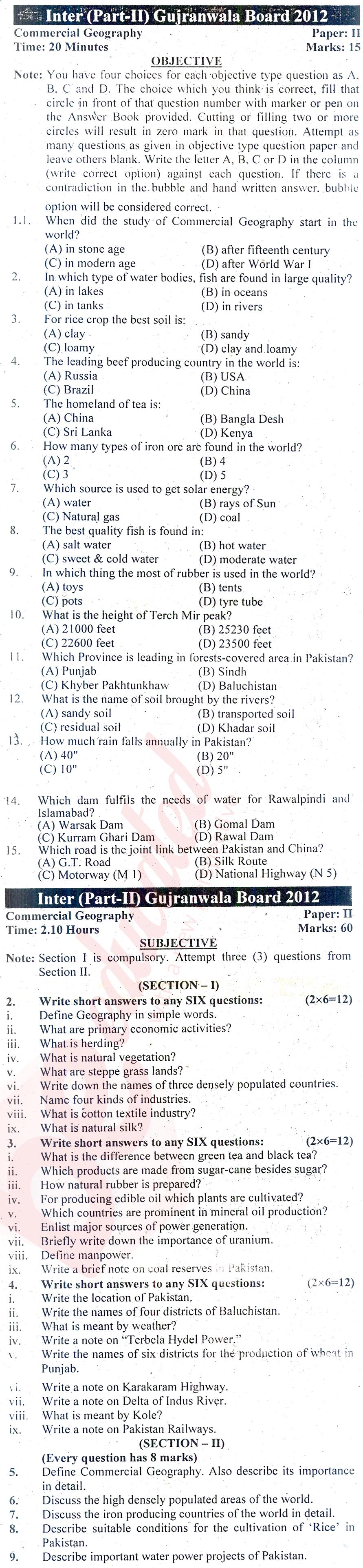 Commercial Geography ICOM Part 2 Past Paper Group 1 BISE Gujranwala 2012