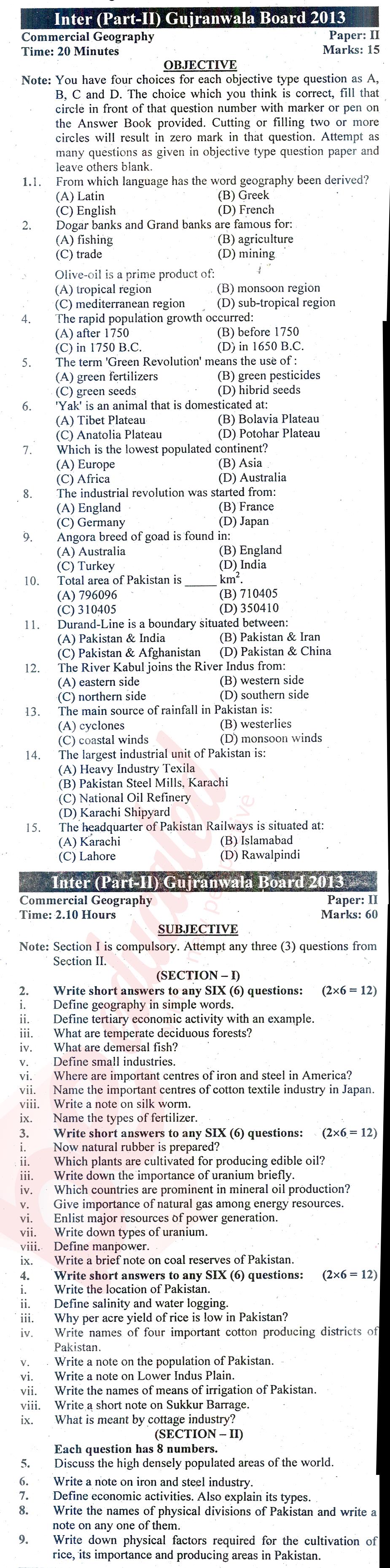 Commercial Geography ICOM Part 2 Past Paper Group 1 BISE Gujranwala 2013