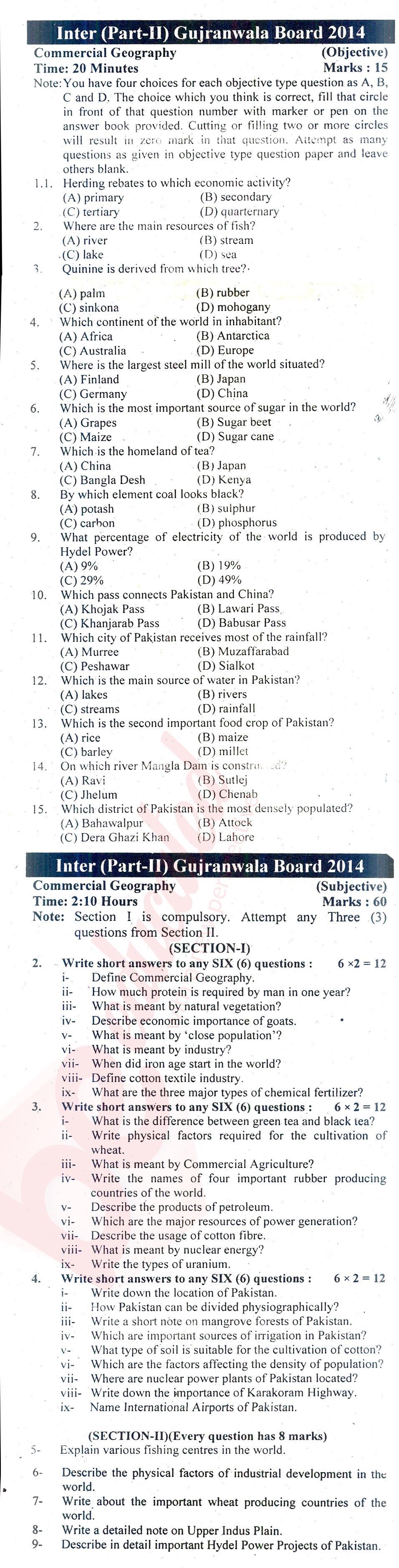 Commercial Geography ICOM Part 2 Past Paper Group 1 BISE Gujranwala 2014