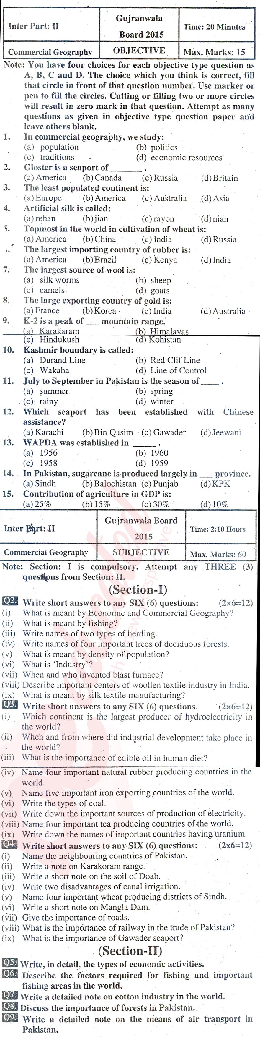 Commercial Geography ICOM Part 2 Past Paper Group 1 BISE Gujranwala 2015