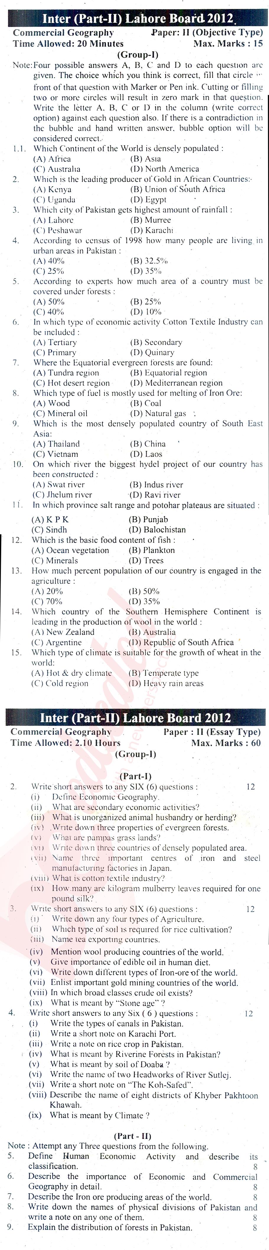 Commercial Geography ICOM Part 2 Past Paper Group 1 BISE Lahore 2012
