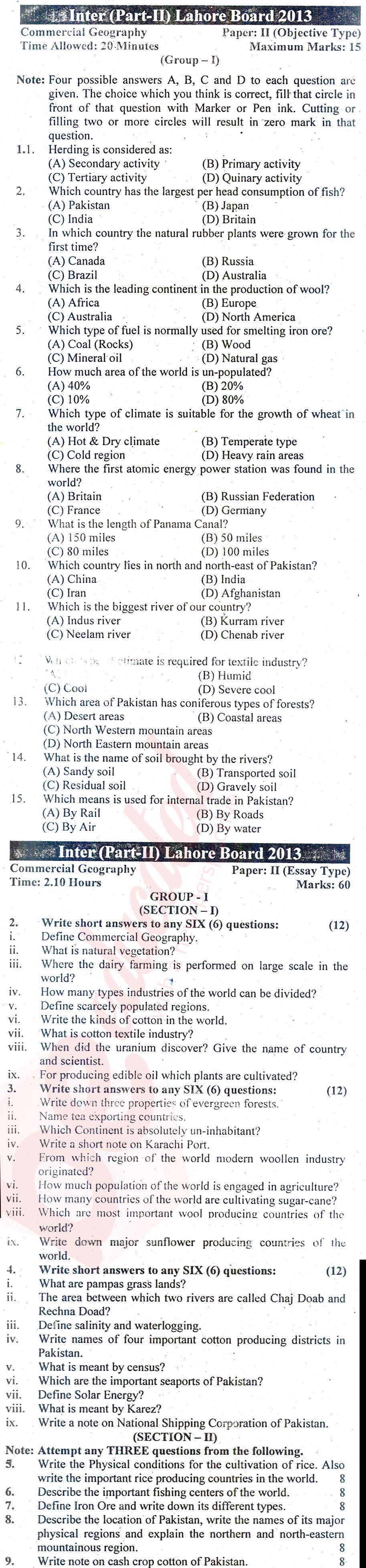 Commercial Geography ICOM Part 2 Past Paper Group 1 BISE Lahore 2013