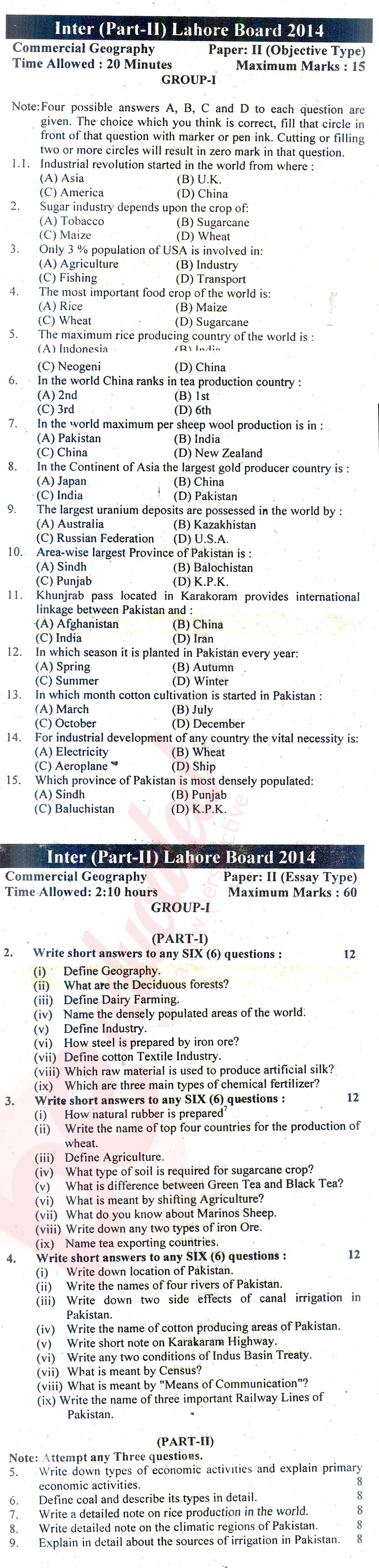 Commercial Geography ICOM Part 2 Past Paper Group 1 BISE Lahore 2014