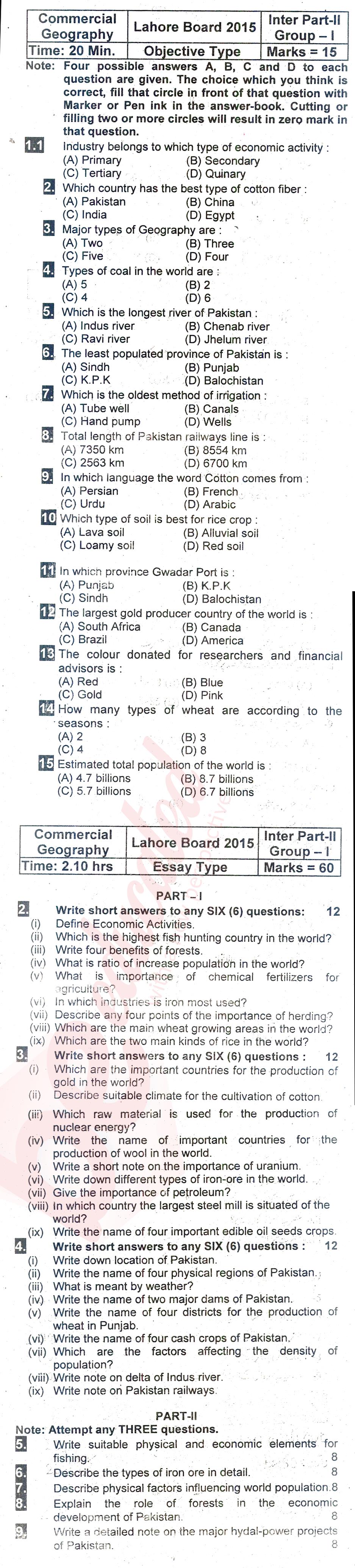 Commercial Geography ICOM Part 2 Past Paper Group 1 BISE Lahore 2015