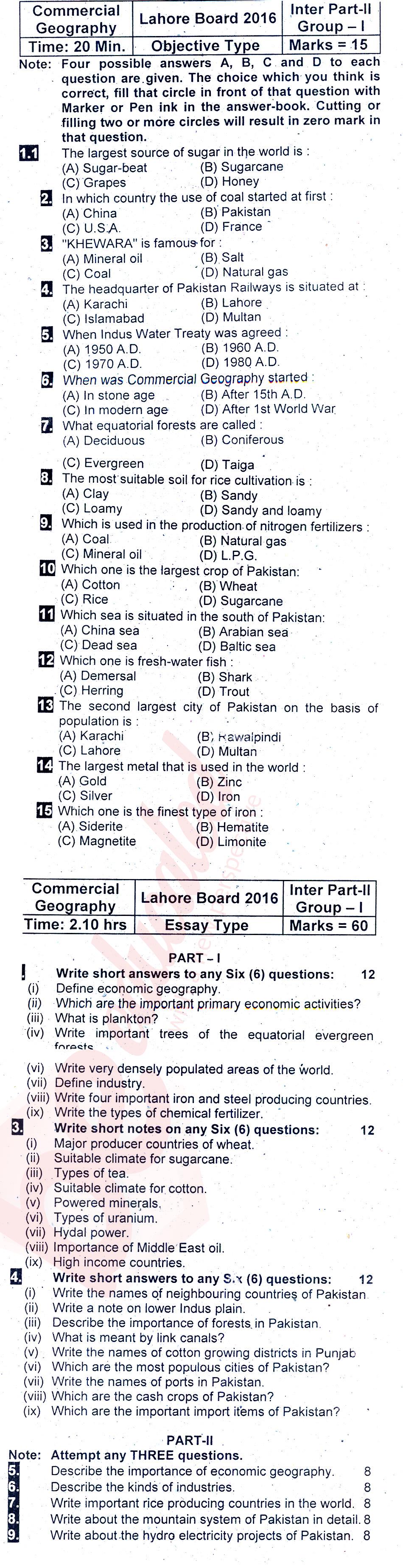 Commercial Geography ICOM Part 2 Past Paper Group 1 BISE Lahore 2016