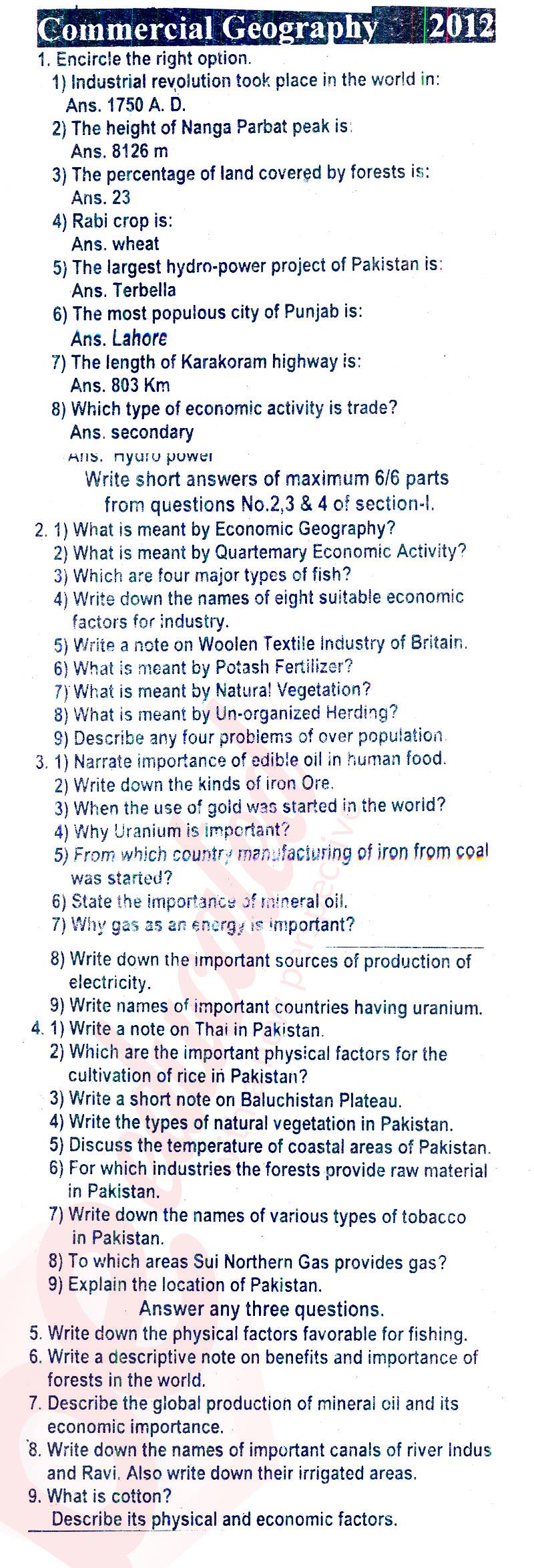 Commercial Geography ICOM Part 2 Past Paper Group 1 BISE Rawalpindi 2012