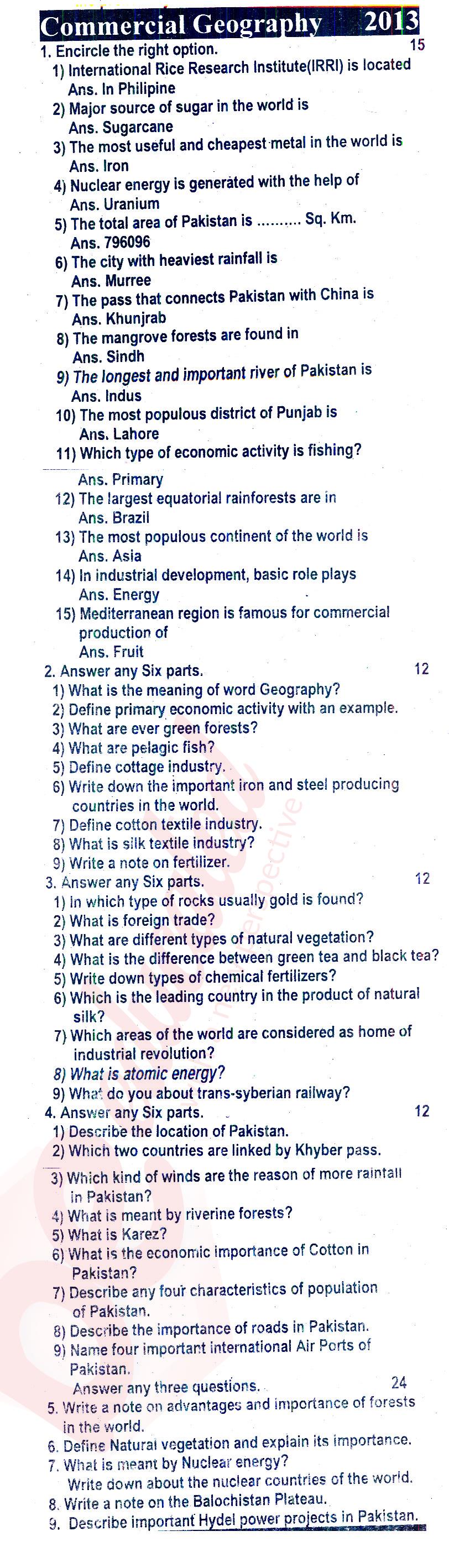 Commercial Geography ICOM Part 2 Past Paper Group 1 BISE Rawalpindi 2013