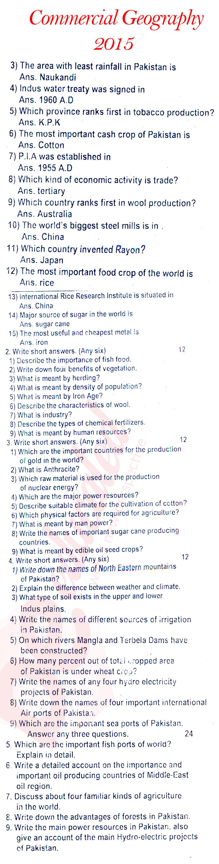 Commercial Geography ICOM Part 2 Past Paper Group 1 BISE Rawalpindi 2015