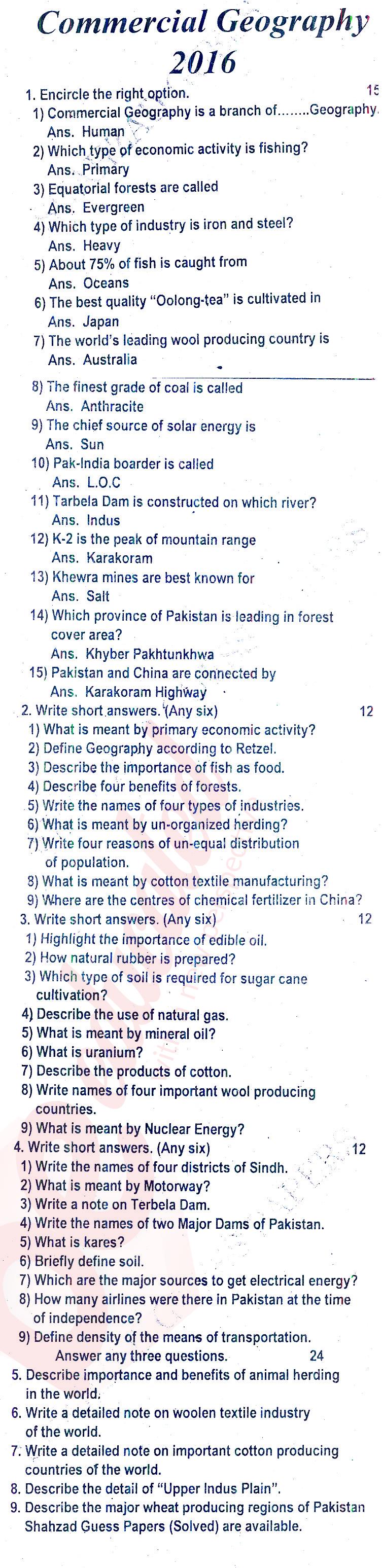 Commercial Geography ICOM Part 2 Past Paper Group 1 BISE Rawalpindi 2016