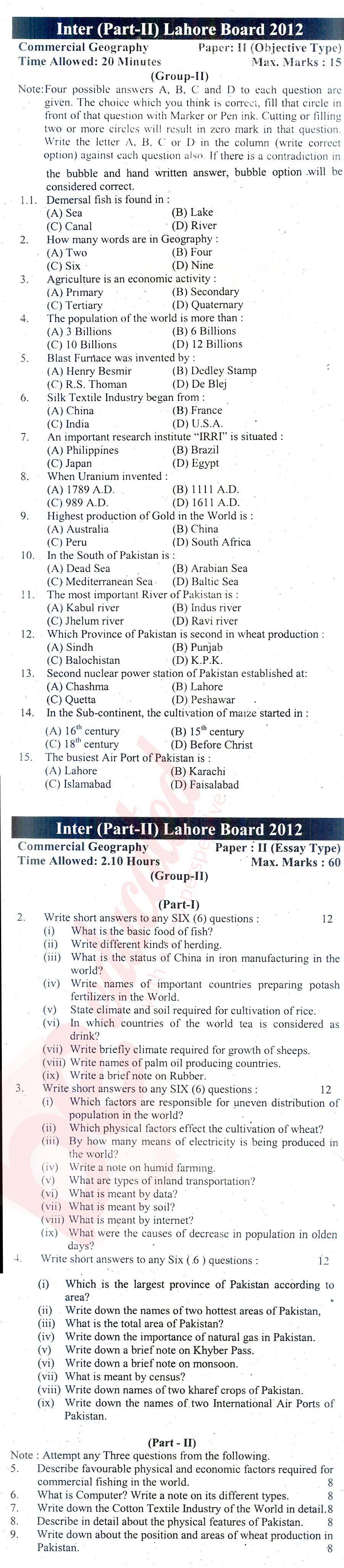 Commercial Geography ICOM Part 2 Past Paper Group 2 BISE Lahore 2012