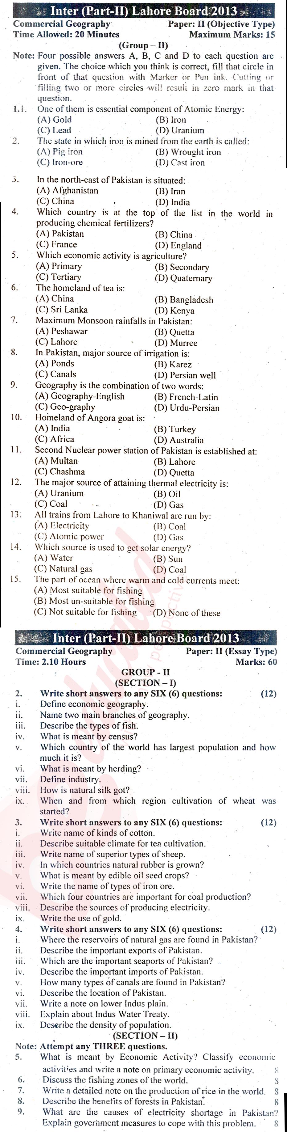 Commercial Geography ICOM Part 2 Past Paper Group 2 BISE Lahore 2013