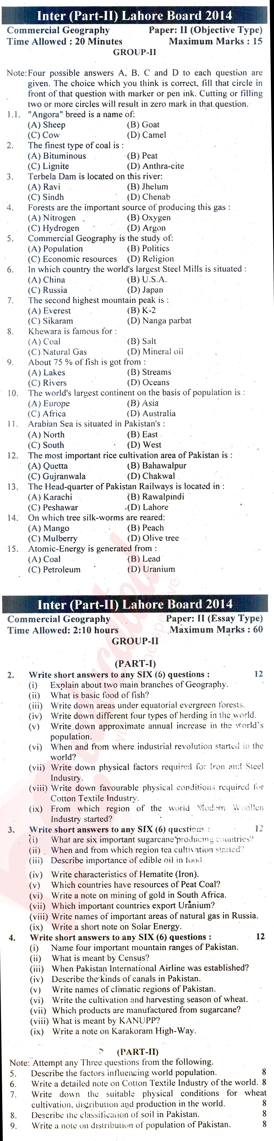 Commercial Geography ICOM Part 2 Past Paper Group 2 BISE Lahore 2014