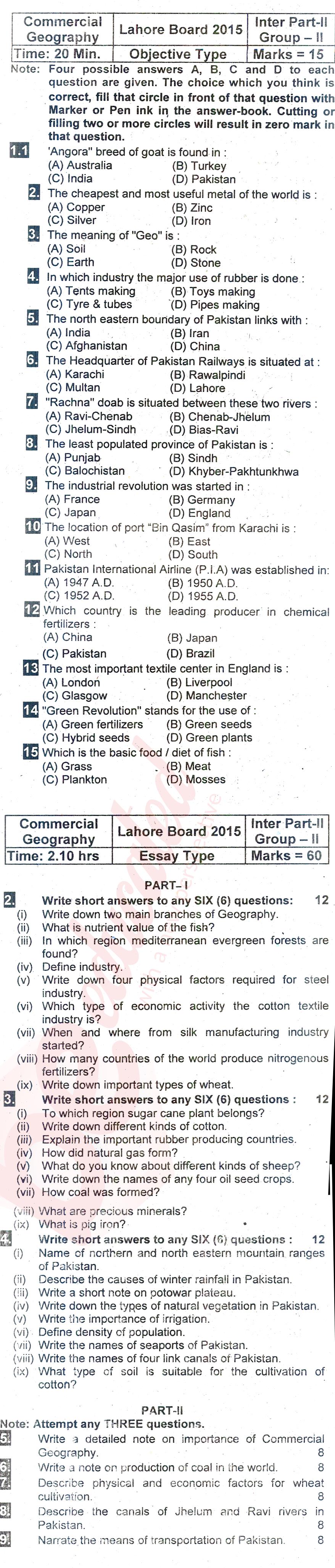 Commercial Geography ICOM Part 2 Past Paper Group 2 BISE Lahore 2015