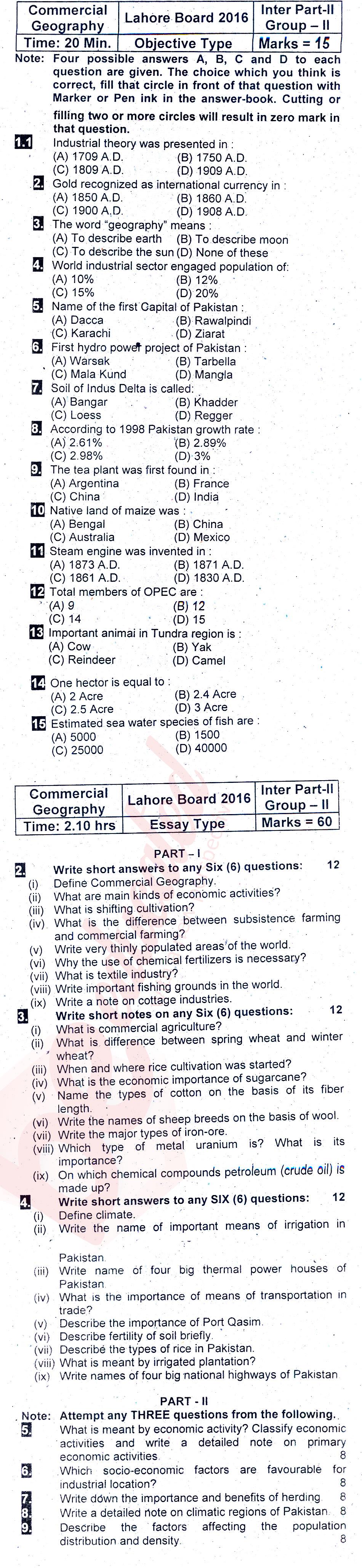 Commercial Geography ICOM Part 2 Past Paper Group 2 BISE Lahore 2016