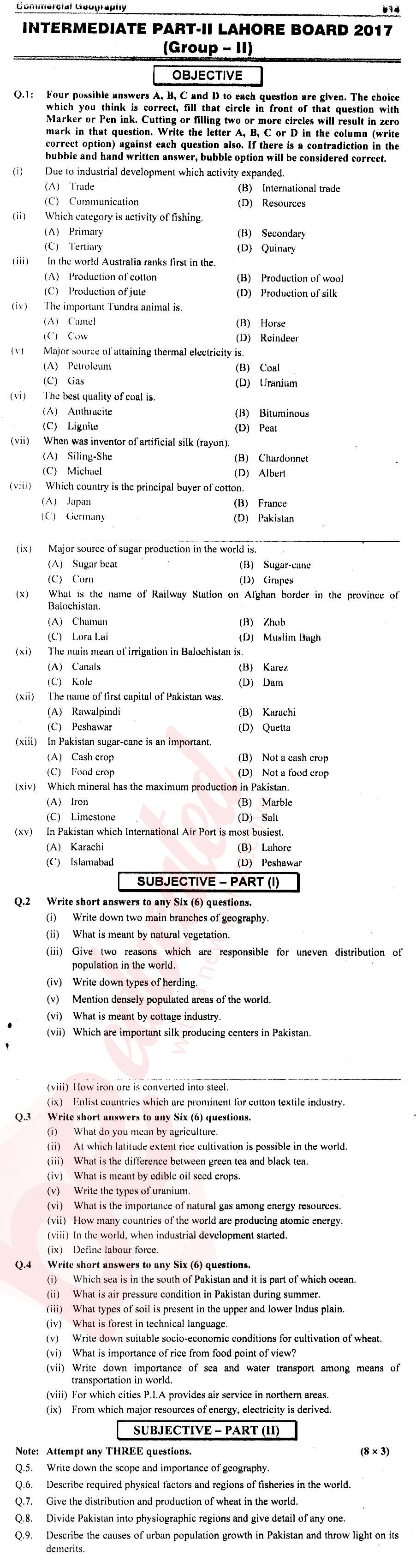 Commercial Geography ICOM Part 2 Past Paper Group 2 BISE Lahore 2017