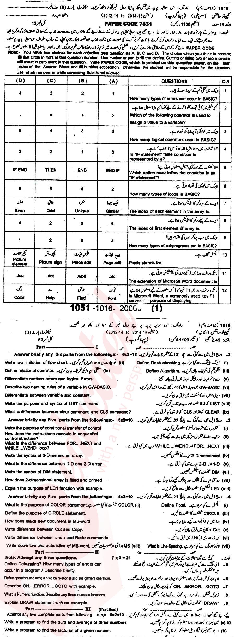 Computer Science 10th class Past Paper Group 1 BISE Sargodha 2016