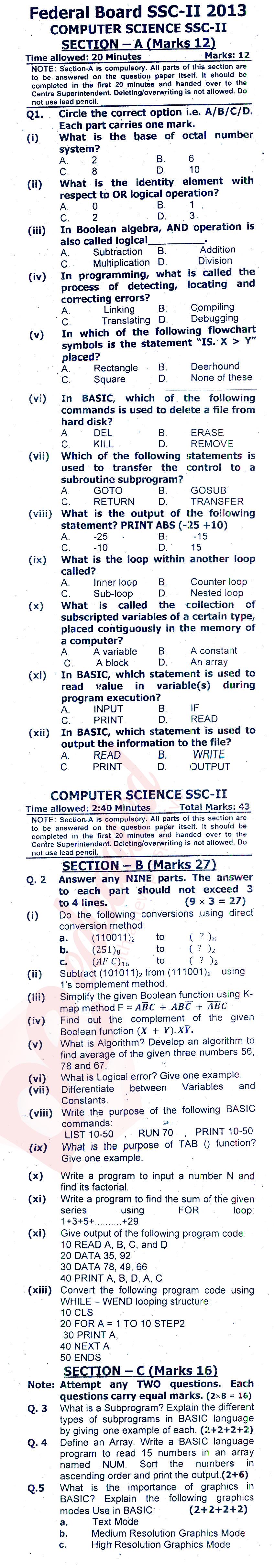 Computer Science 10th class Past Paper Group 1 Federal BISE  2013