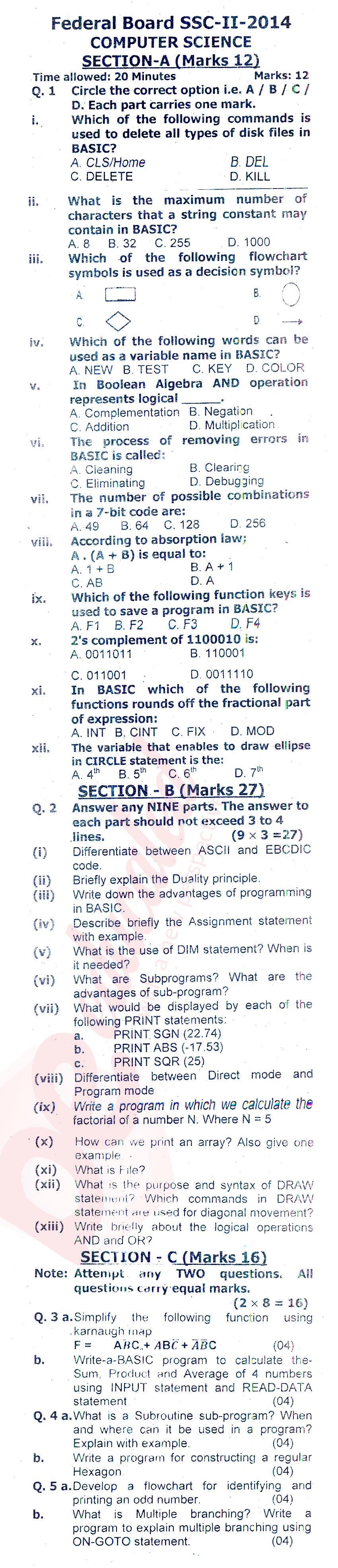 Computer Science 10th class Past Paper Group 1 Federal BISE  2014