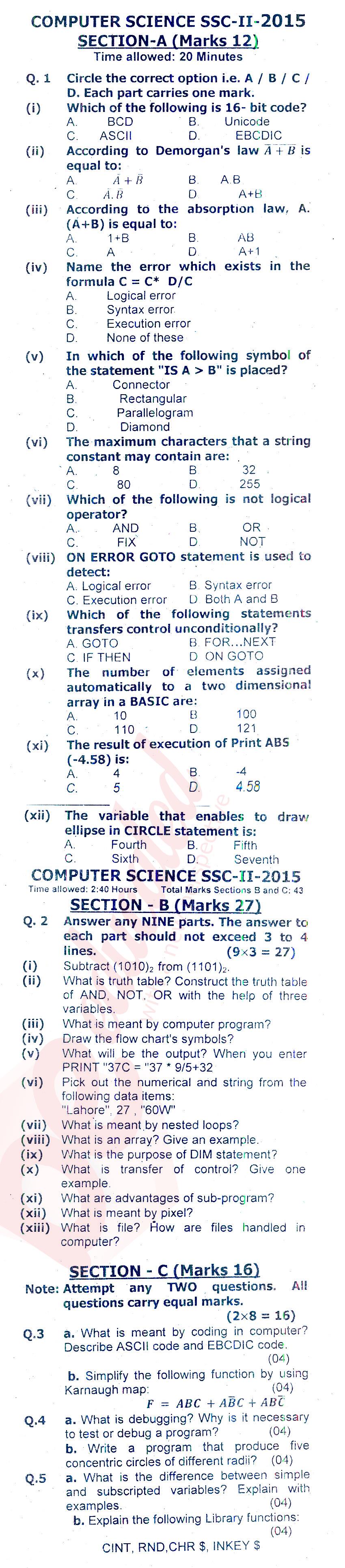Computer Science 10th class Past Paper Group 1 Federal BISE  2015