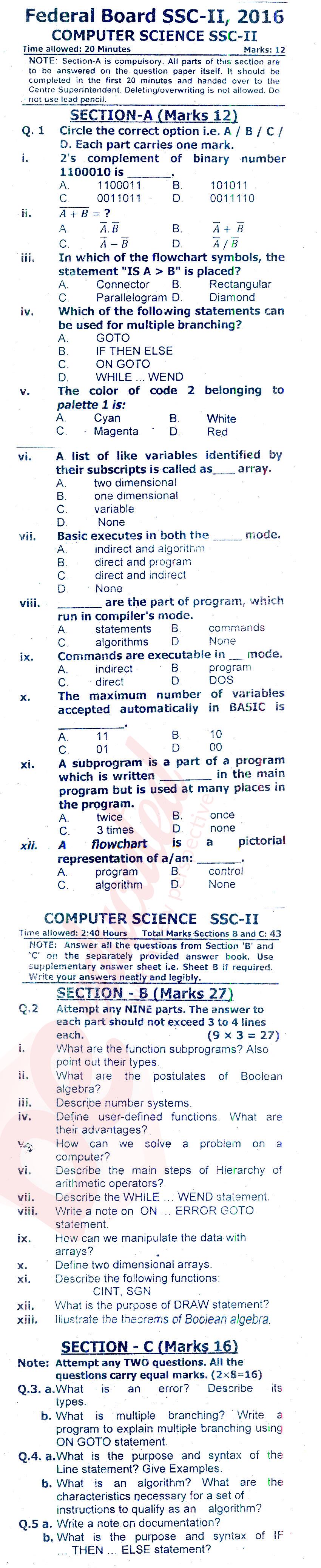Computer Science 10th class Past Paper Group 1 Federal BISE  2016