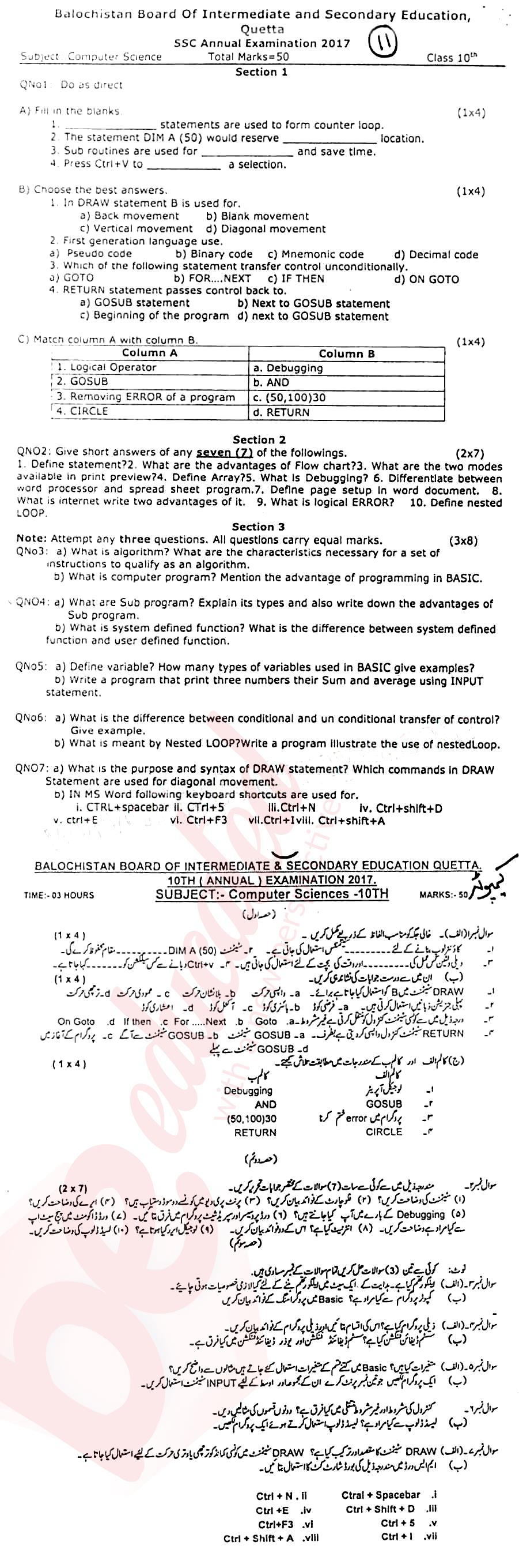 Computer Science 10th English Medium Past Paper Group 1 BISE Quetta 2017