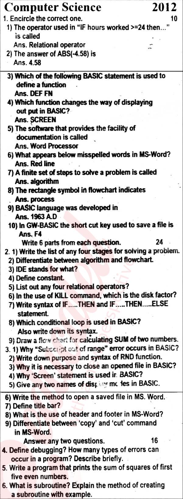Computer Science 10th English Medium Past Paper Group 1 BISE Rawalpindi 2012